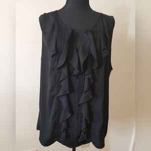 WHBM Sleeveless Chiffon Black Ruffle Front  Blouse. Size XL